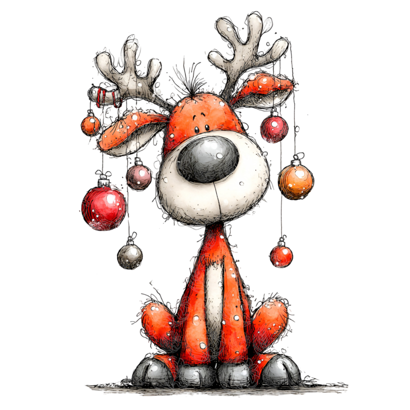 Whimsical christmas reindeer cartoon with colourful baubles hanging from antlers, Grey Barn Handwerk, Saskatchewan.